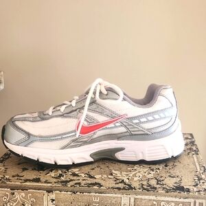 Nike White and Gray Sneakers with Pink Swoosh